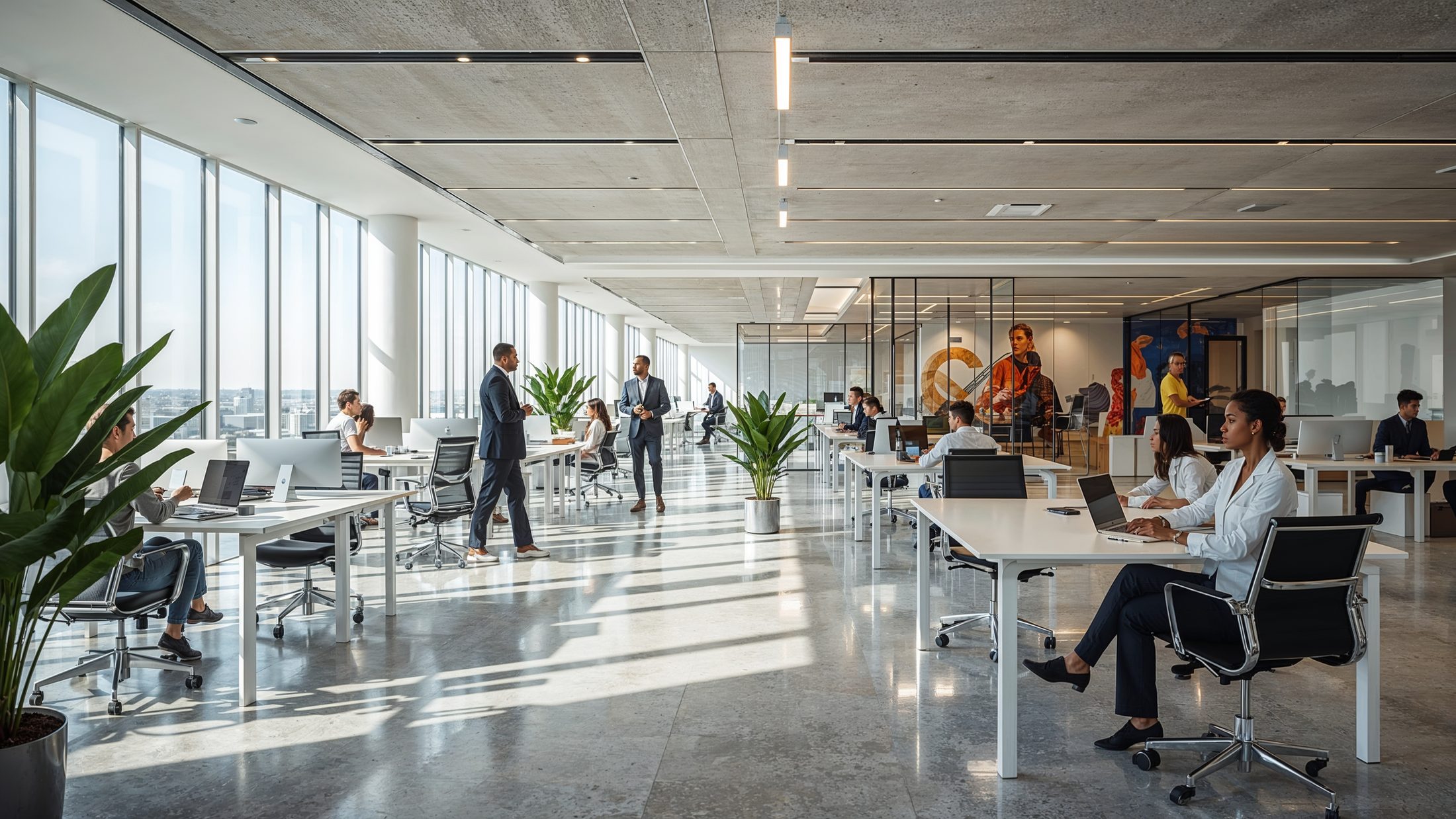 A bright, modern open-plan office with people working at long white desks