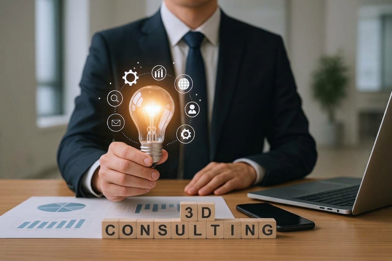 A consultant holding a glowing light bulb above wooden blocks spelling 3D Consulting