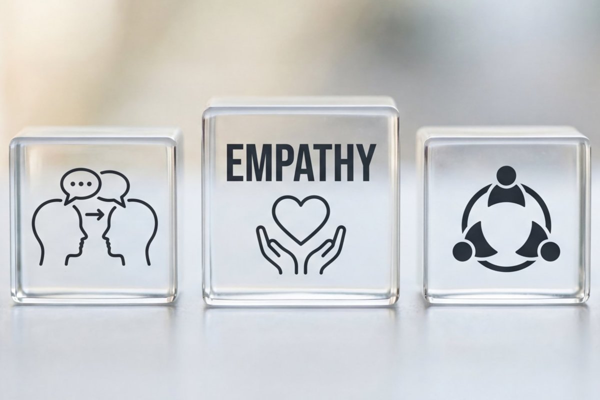 Five glass cubes with empathy icons, the centre cube reading Empathy